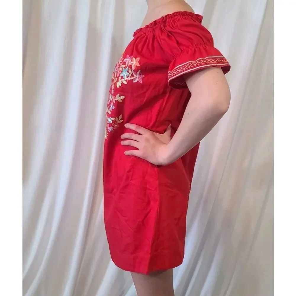 Free People Fleur Du Jour Embroidered Red Off Shoulder Mini Dress XS